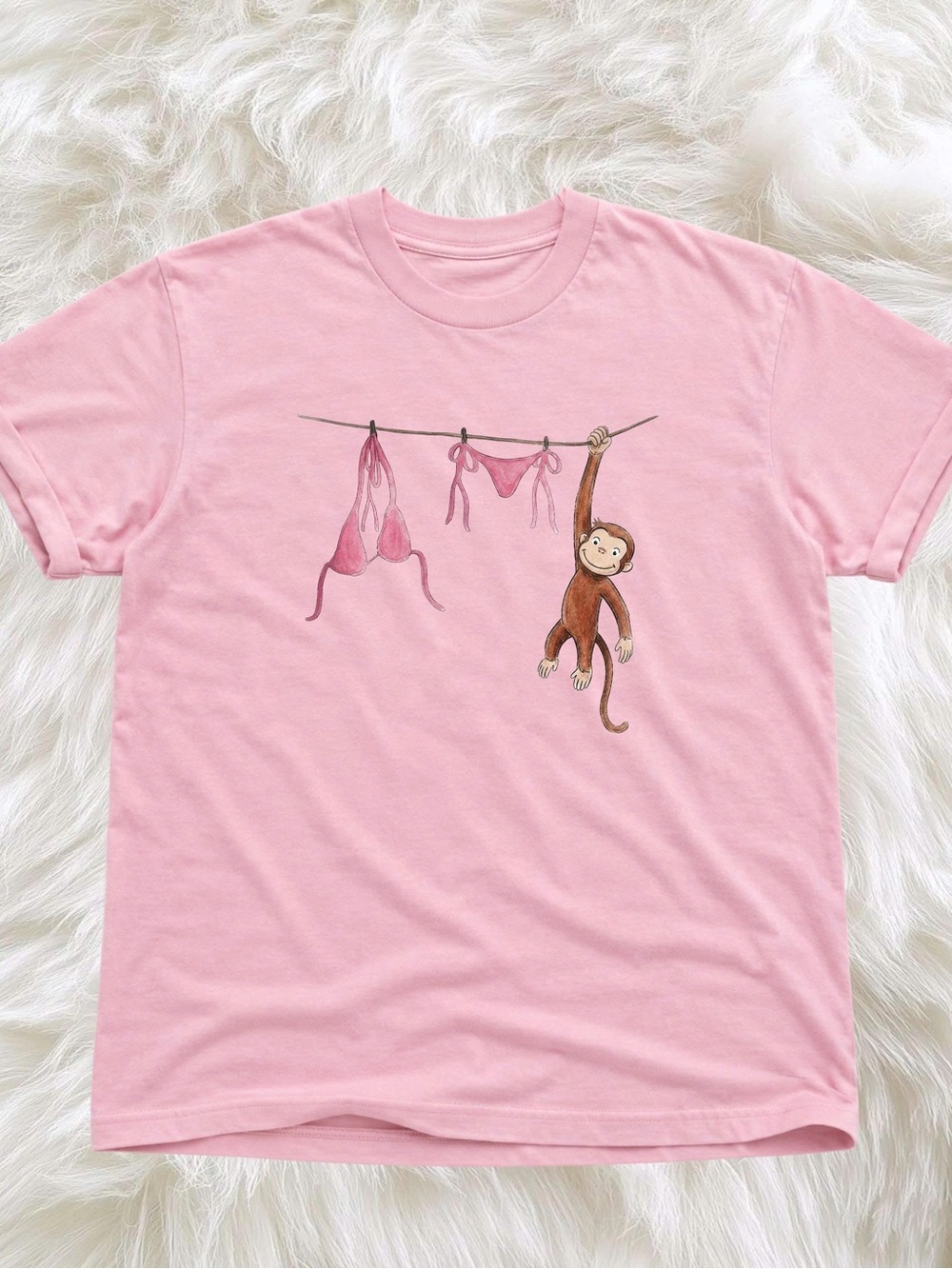 Gildan Pink Short Sleeve Tee with Hanging Monkey & Bikinis Graphic